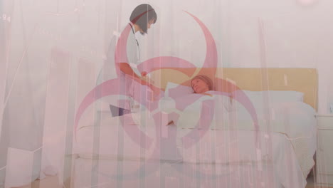 health hazard over sick woman in background. covid-19 spreading