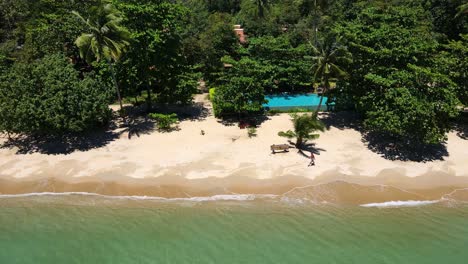 tropical island drone, bird’s eye view down shot with lush green rain forest and tropical palm trees with white sand beach with alone man walking past a resort on the beach with no tourists