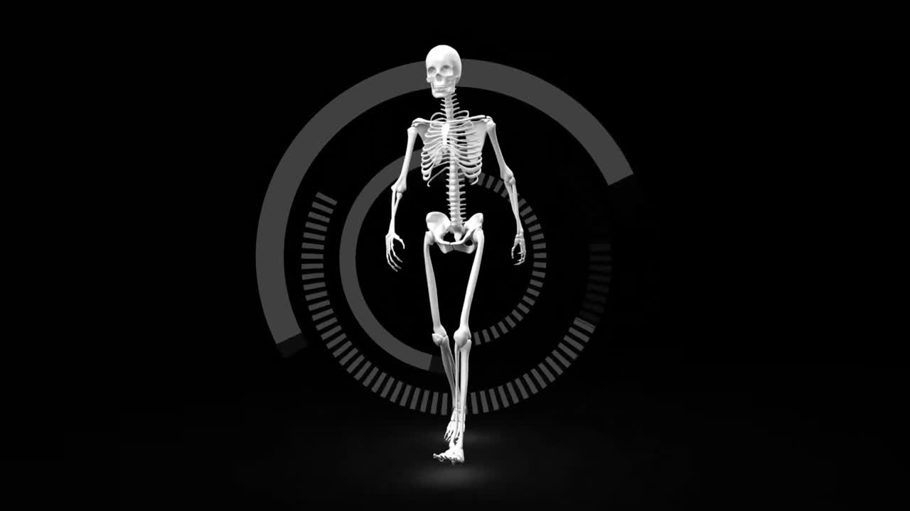 esqueleto digital caminando contra un fondo oscuro