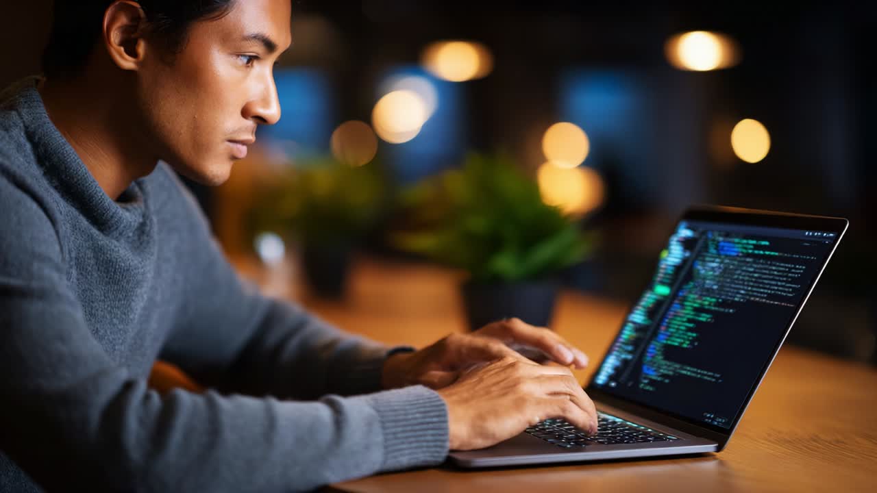 Focused individual engaged in programming on a laptop, surrounded by a cozy environment, displaying lines of code on screen, emphasizing concentration and the modern digital workspace experience