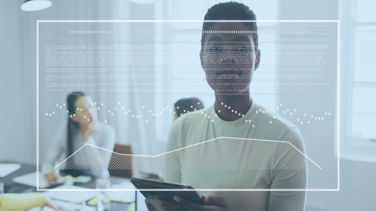 Animation of financial data processing over african american businesswoman using tablet