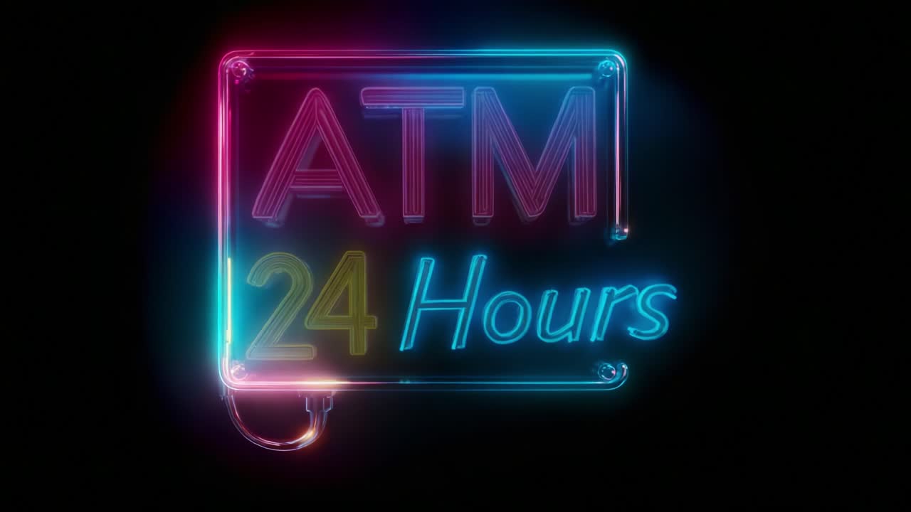 A vibrant neon sign displaying 'ATM 24 Hours' captures attention with its bright colors and alluring glow, symbolizing convenience and accessibility for cash transactions anytime