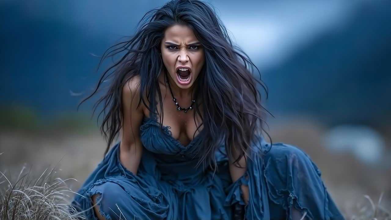 A woman in a blue dress sitting in a field of tall grass
