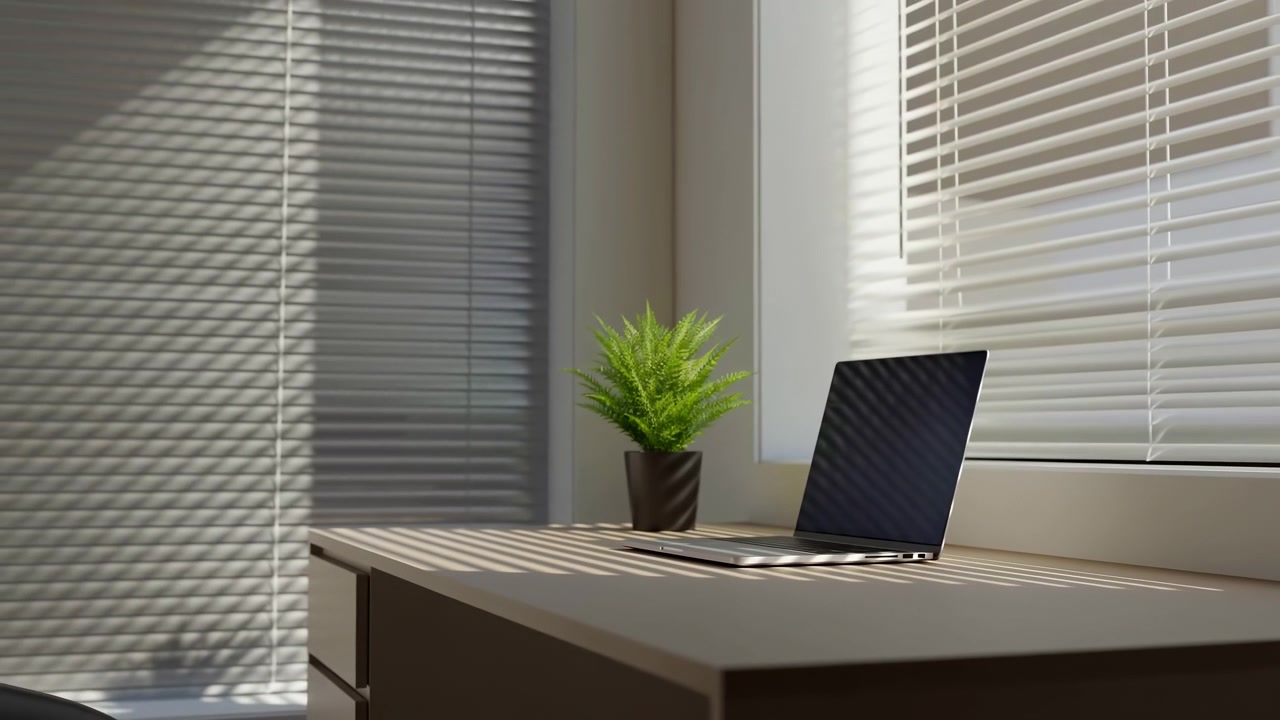 Open laptop rests beside small potted plant on clean desk while striped daylight from window blinds shifts across wall, surface, and screen in calm modern home office setting, with laptop, desk
