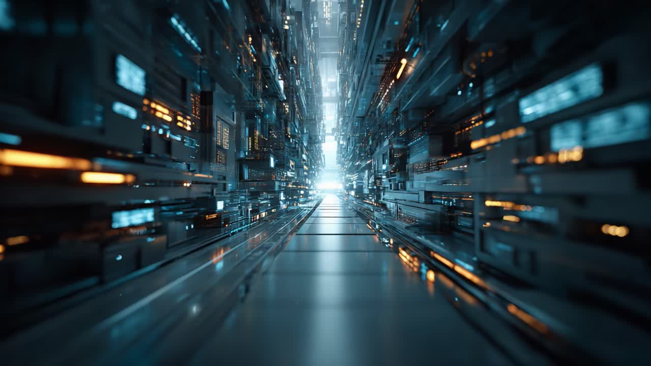 Immersive Journey Through a Futuristic Corridor of Light and Technology, Showcasing an Awe-Inspiring Display of Digital Elements and Ambient Illumination