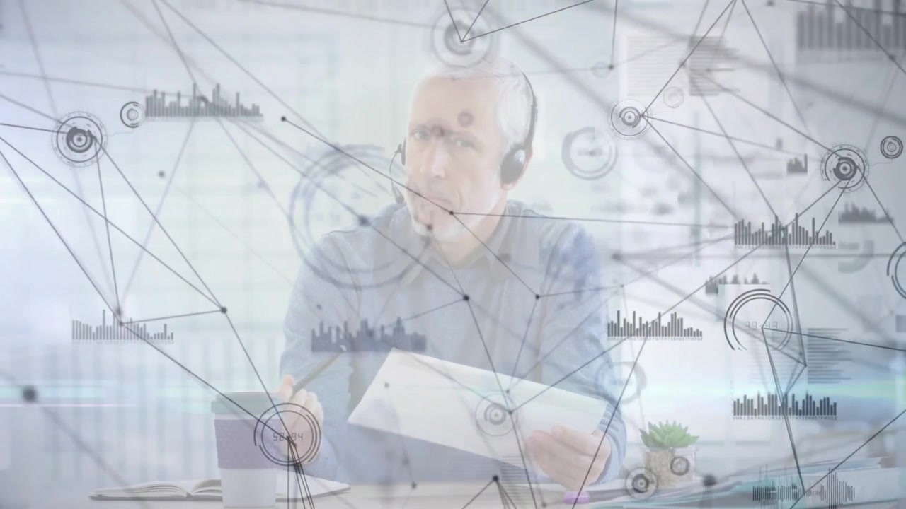 Man tilting tablet reading text for network analysis, revealing diagrams switching to headset call