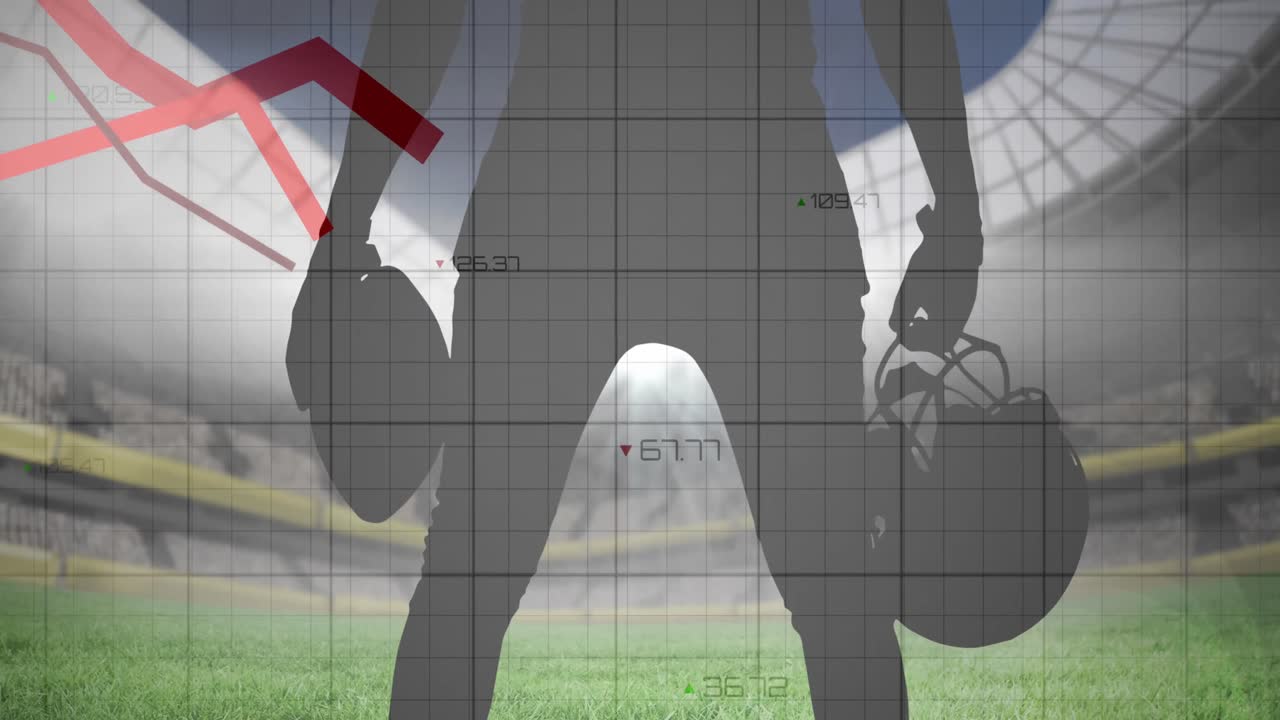 경기장에서 아메리칸  ⁇ 볼 선수의 중간 부분에 대한 그래프 및 데이터 처리 애니메이션