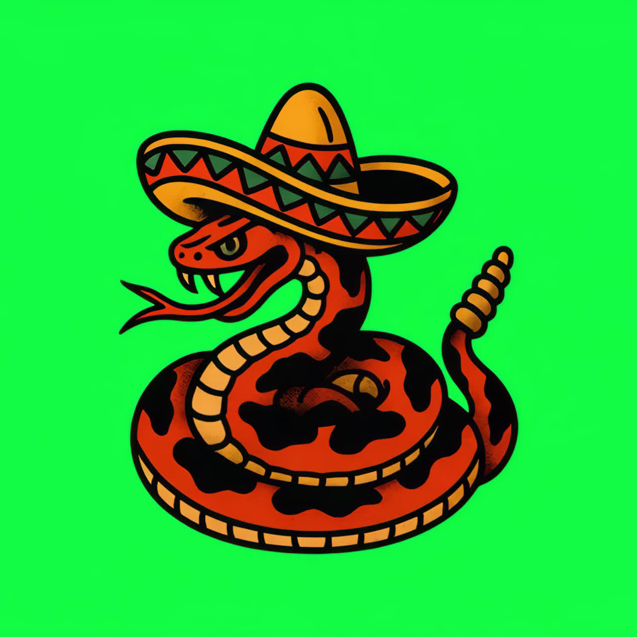 Farverig slange med sombrero animeret aktiv, transparent 4K-video, alfakanal, ProRes