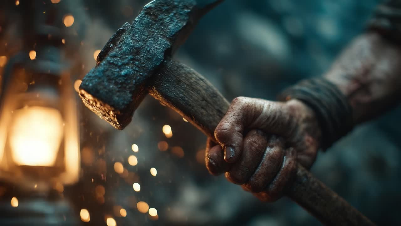 An Intense Moment of Craftsmanship: A Close-Up of a Hammer in a Shimmering Light, Capturing the Essence of Manual Labor and Strength in Action