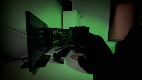 hacker in black mask nervously writes bug notes while scanning tech monitor data