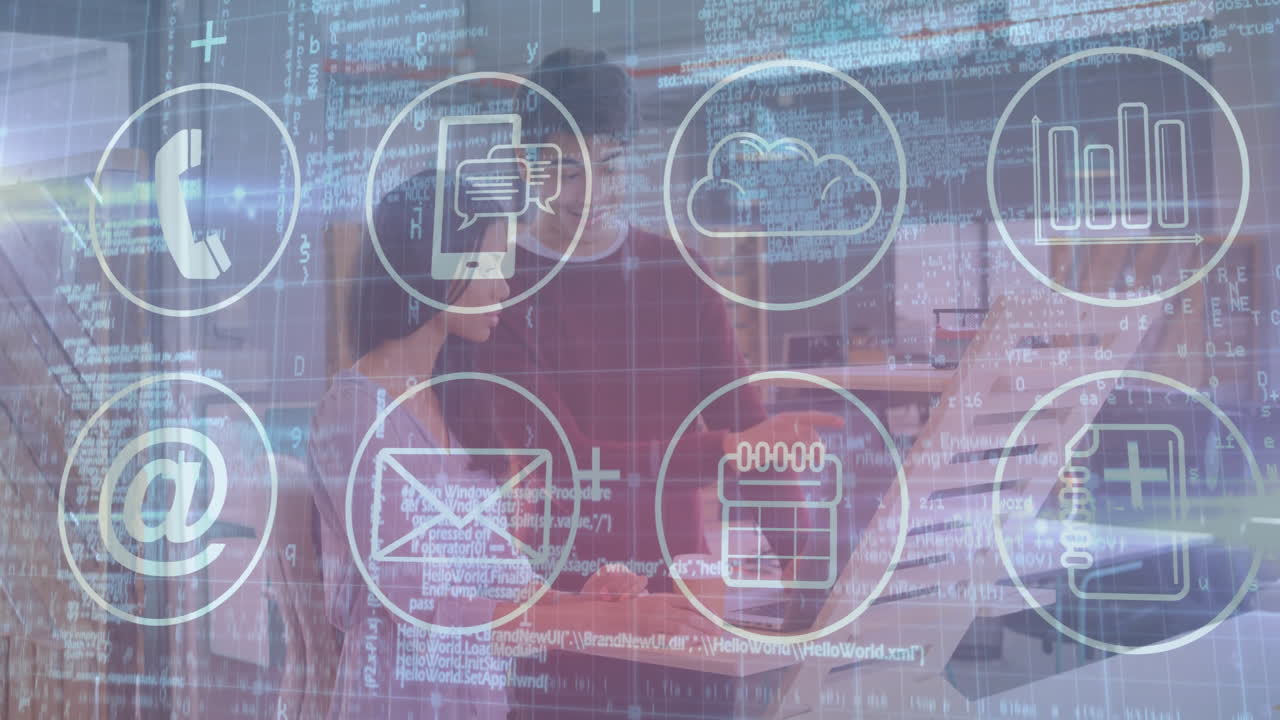 Collaborating in office, people using animation with digital communication icons