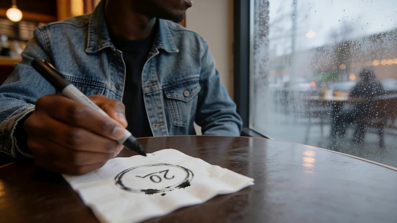 Sketching man wearing denim jacket marking 20 on napkin at cafe with marker, raindrops drawing gaze