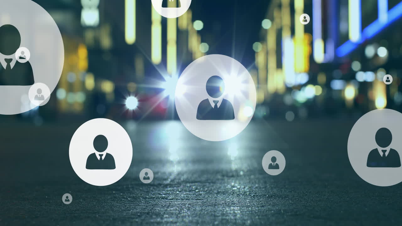 Animation of icons and data processing over city