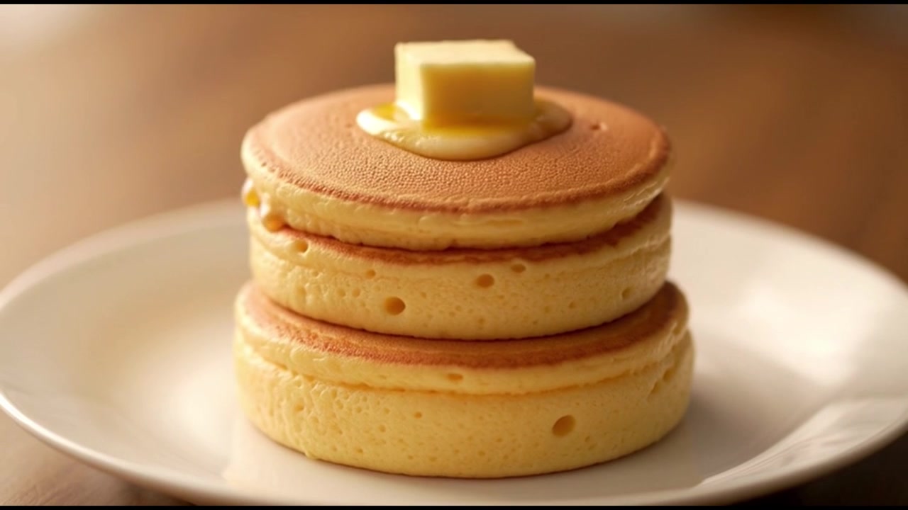 Stacking Fluffy Japanese Pancakes with Butter and Syrup