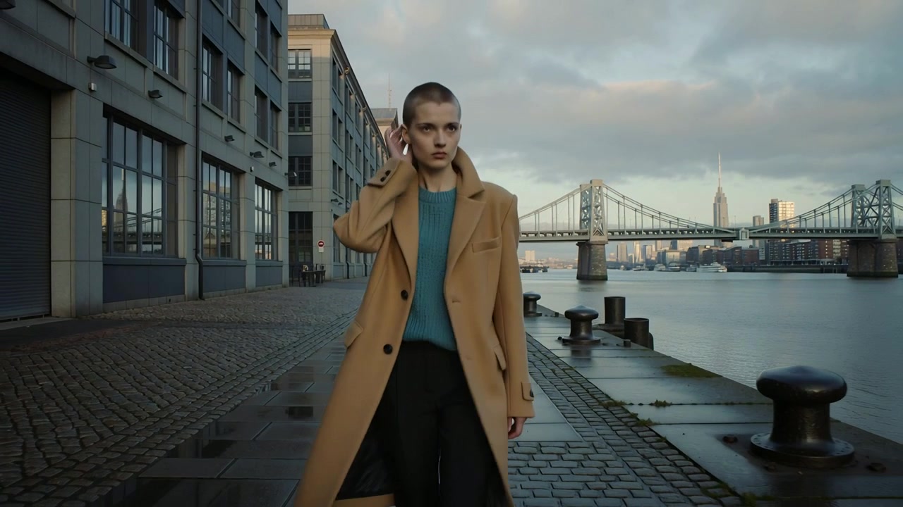 Modella che cammina con un cappotto color cammello verso la fotocamera su una passeggiata lungo il fiume, la fotocamera si avvia, si sistema l'orecchio