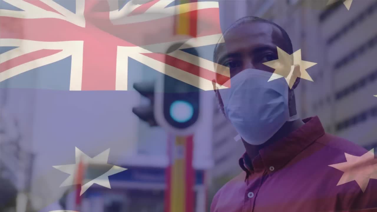 코로나 19 대유행 기간 동안 마스크를 쓴 남자가 호주 국기를 흔들고 있는 애니메이션