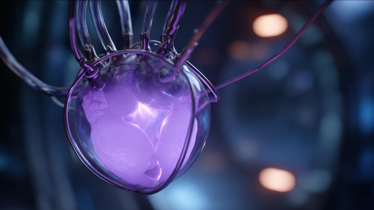 Un nucleo incandescente racchiuso in una struttura trasparente con luce pulsante che emette energia, mostrando un design intricato e tecnologia avanzata in un ambiente futuristico.