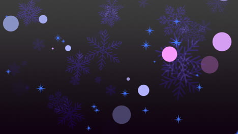 círculos púrpuras y azules brillantes flotan entre copos de nieve brillantes