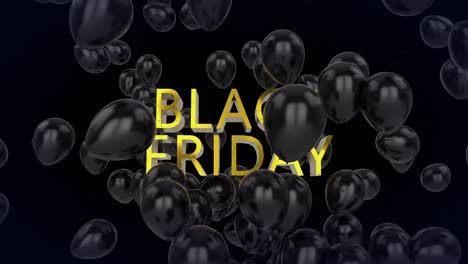 Animation-of-words-black-friday-in-gold-with-rising-black-balloons-on-black-background
