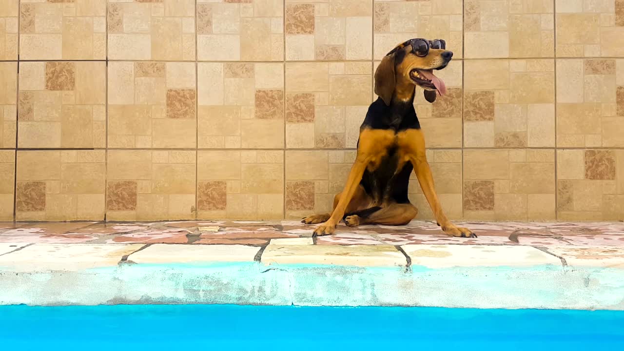 un perro posando con gafas de sol contra la pared de una piscina. un momento lindo.