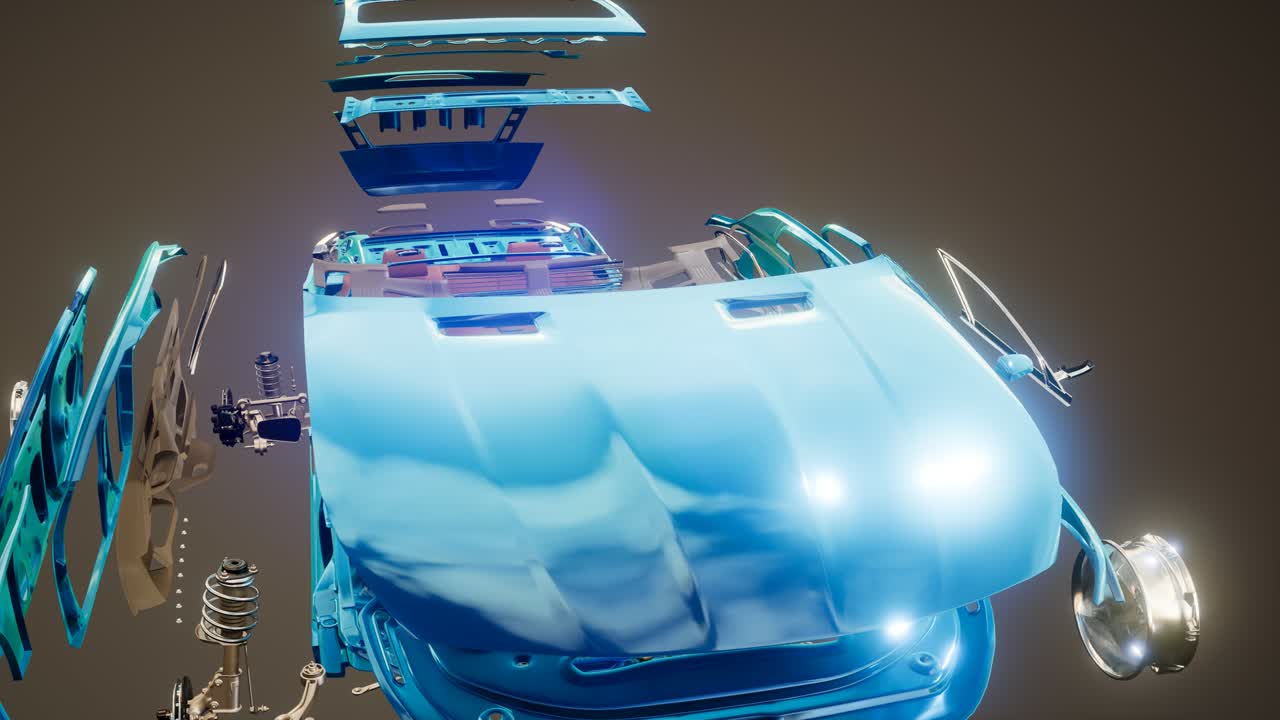 눈에 띄는 부분이 있는 분해된 자동차