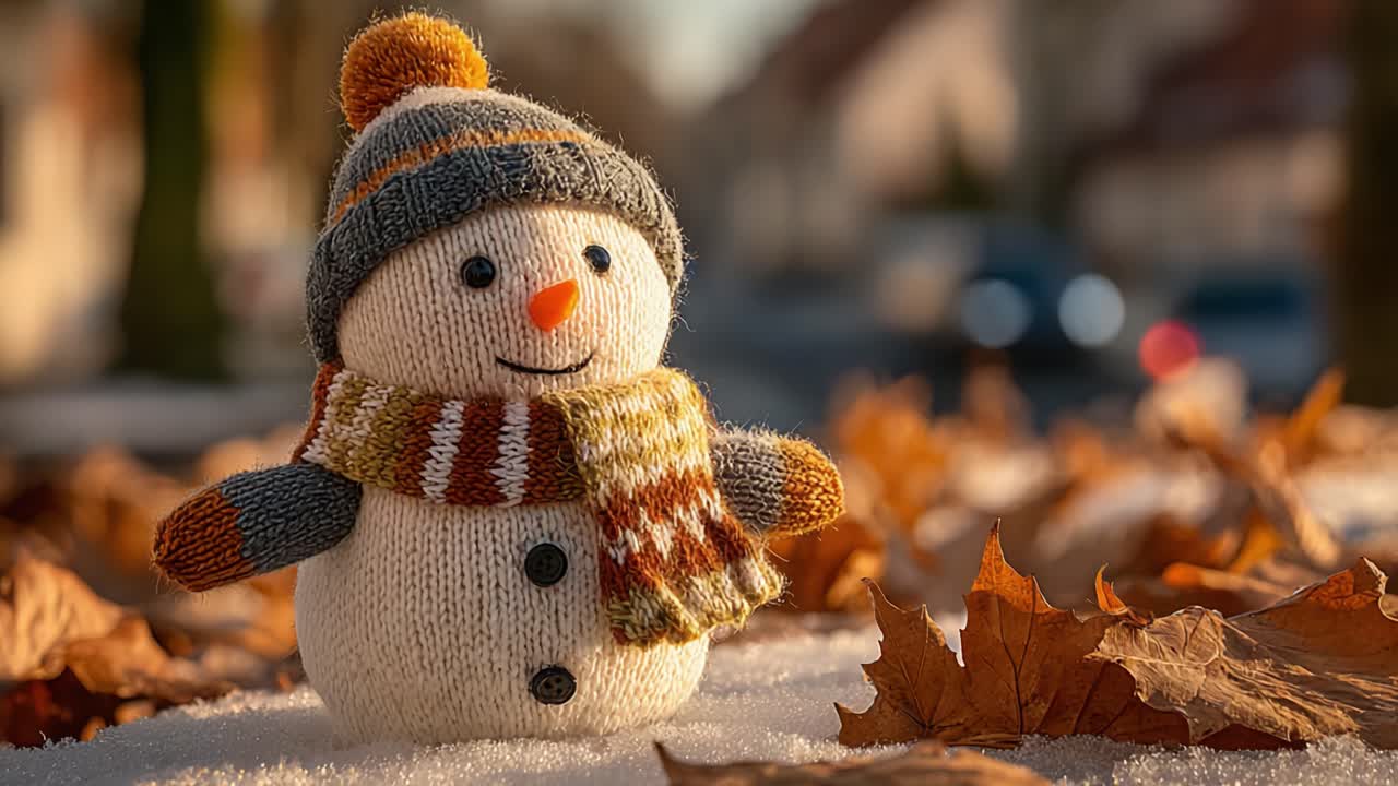 Charming Handmade Snowman Surrounded by Autumn Leaves in a Serene Winter Scene, Featuring a Cozy Hat and Scarf with a Delightful Smile