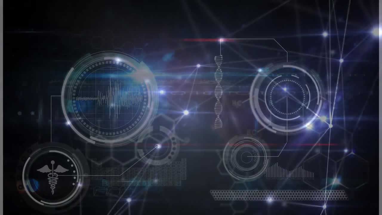 Animation of network of connections with light spots over data processing on black background