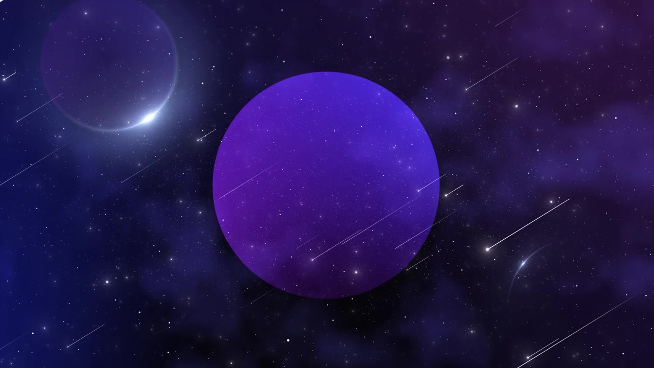 Purple space planet background with large glowing sphere distant moons star field meteor streaks for