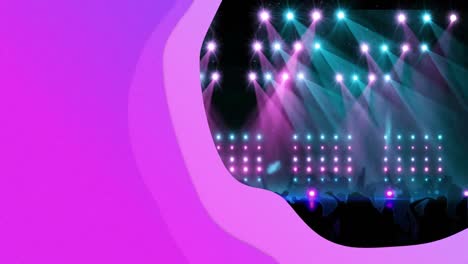 formas púrpuras abstractas sobre luces brillantes sobre la silueta de personas bailando