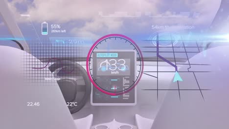 animación de la pantalla de la interfaz del coche sobre el interior del coche de conducción autónoma y el cielo con nubes