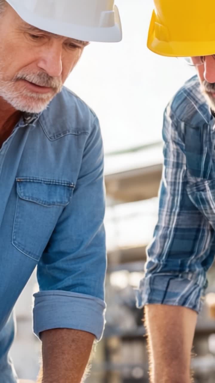 Two Construction Workers Collaborating on a Project, Deep in Thought While Analyzing Plans and Diagrams in an Industrial Setting, Wearing Safety Helmets and Professional Attire