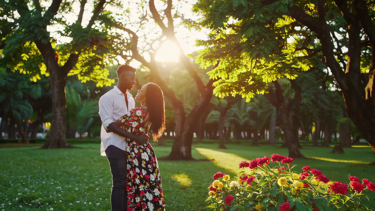Romantic African Couple Embracing in a Park at Sunset