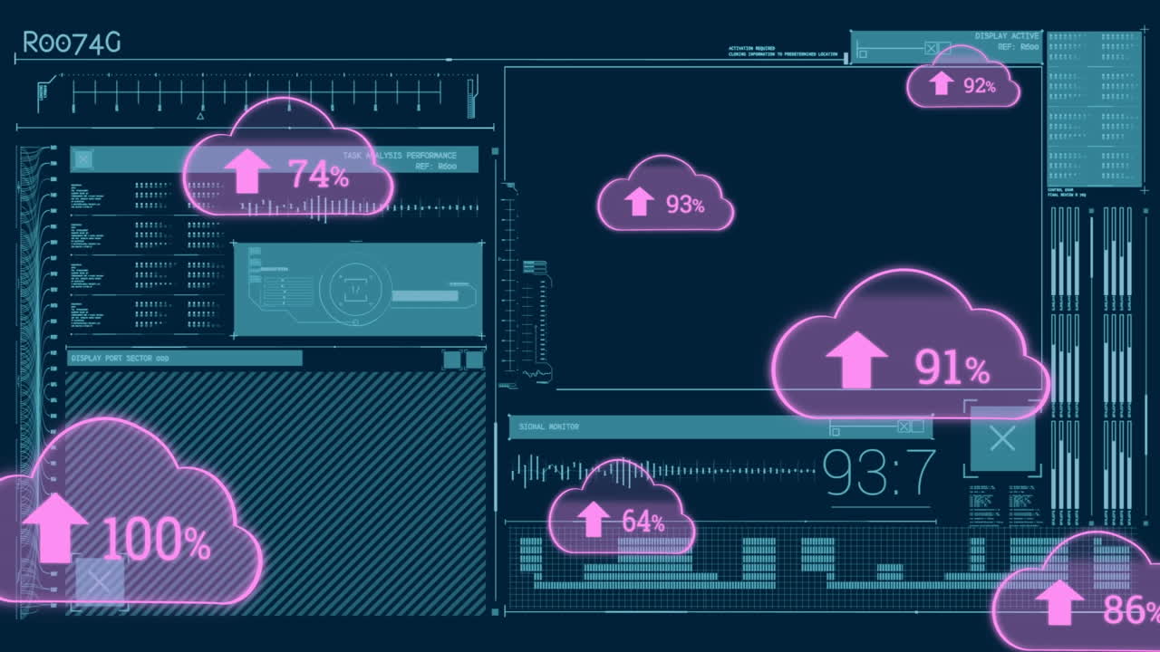 animación de iconos de nubes y procesamiento de datos sobre un fondo oscuro