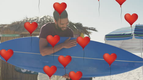 animación de iconos de corazón sobre el hombre con tabla de surf en la playa