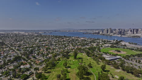 san diego california aerial v55 drone flyover public golf course in coronado island overlooking at downtown cityscape across the bay at daytime in summer - shot with mavic 3 cine - september 2022