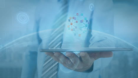 holding tablet, businessman analyzing digital data processing in office environment