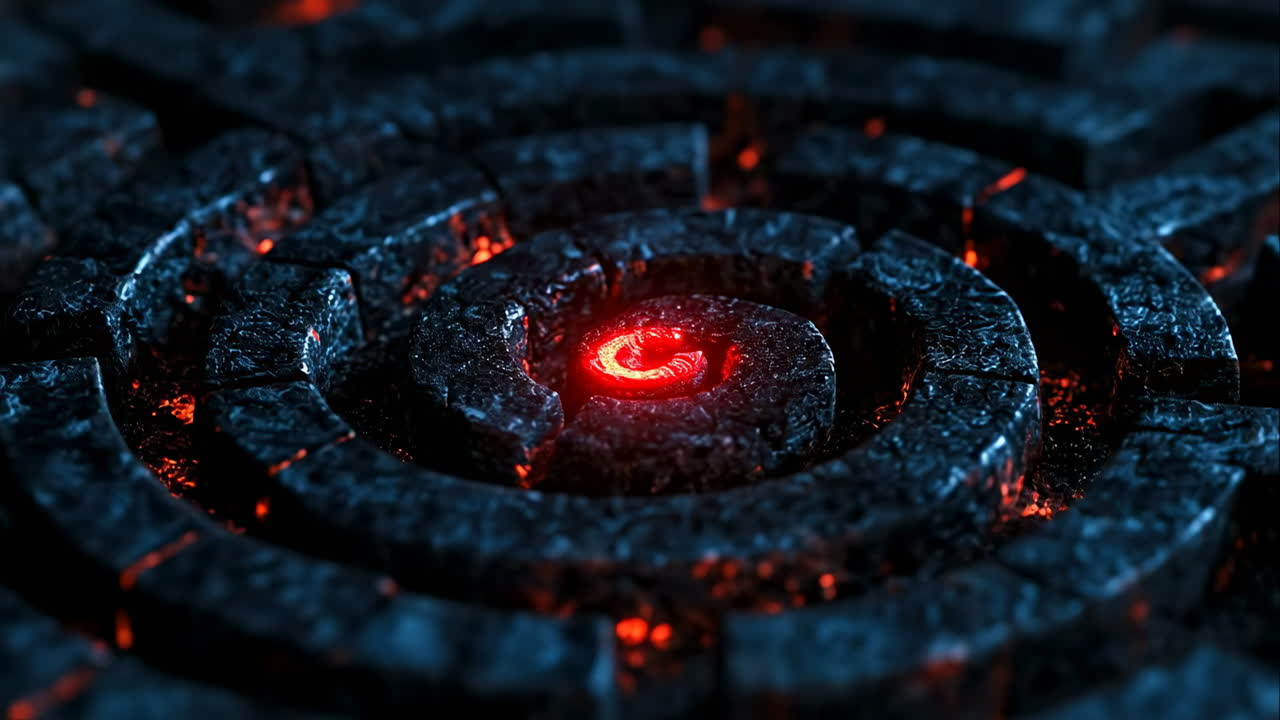 Glowing center in a maze. A dark, intricate maze features a bright red glow at its center