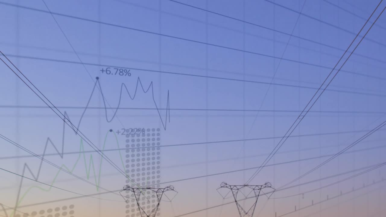 animación del procesamiento de datos financieros a través de líneas de alta tensión