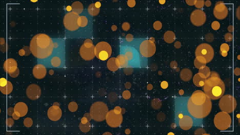 glowing circles and grid pattern animation over dark background with blue squares