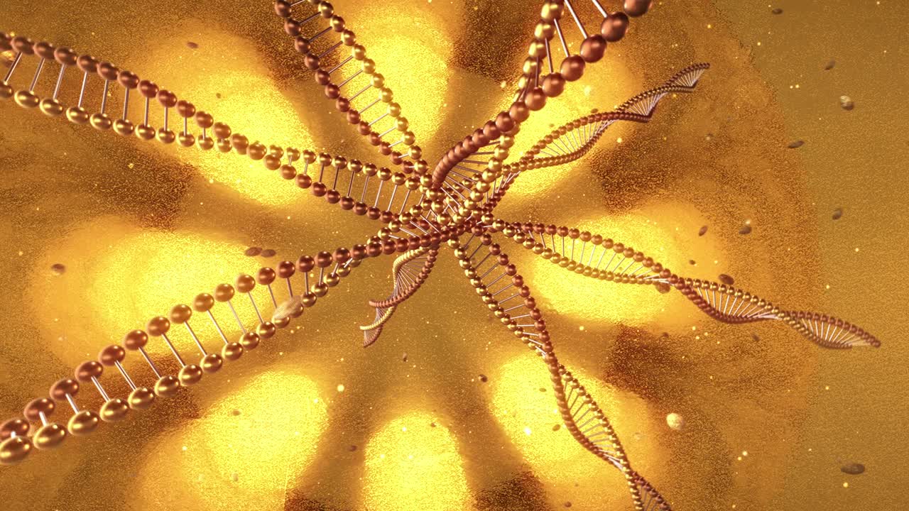 dna 분자의 소용돌이와 함께 황금 기하학적 배경 3d 렌더링 루프 4k