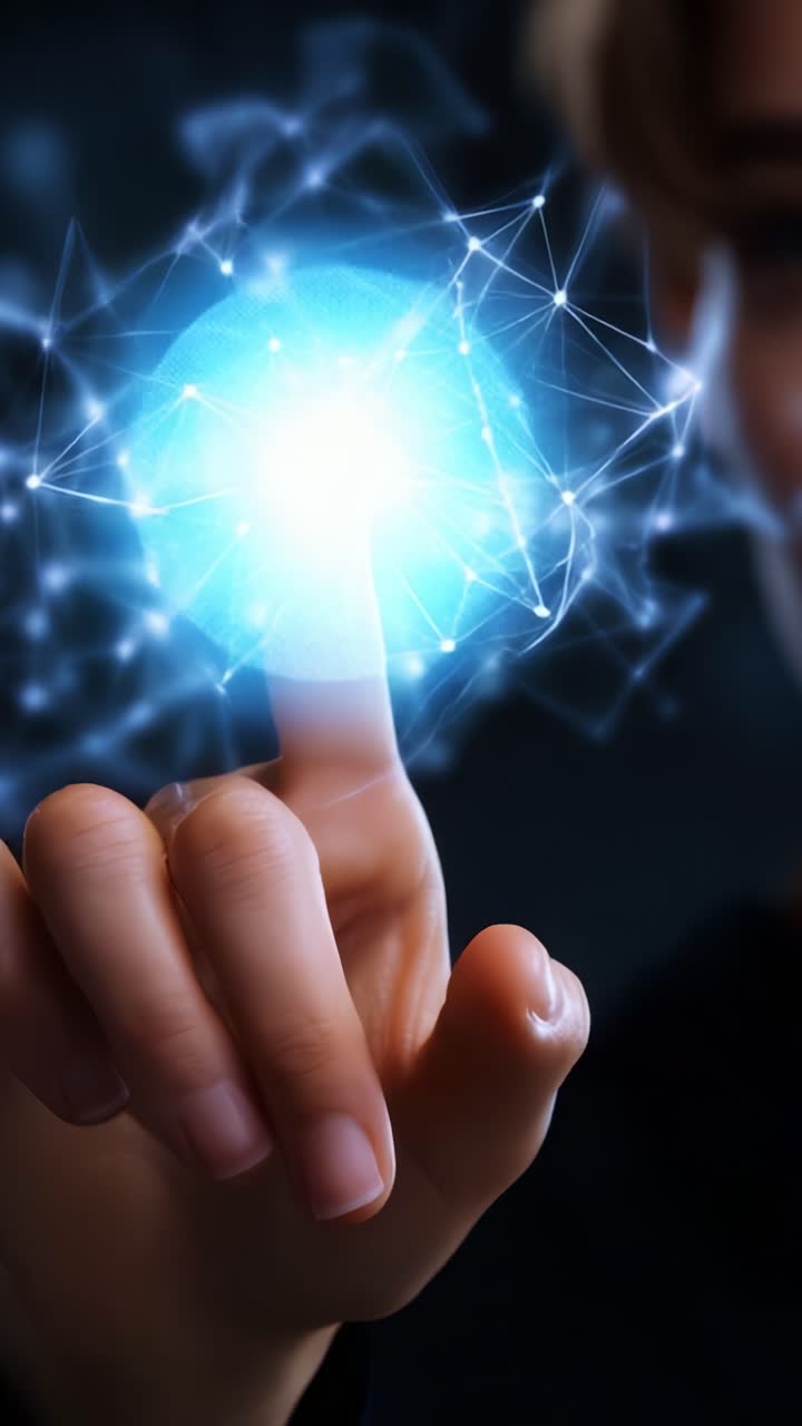 Una persona con un'interfaccia digitale luminosa, che dimostra tecnologia e innovazione attraverso una rete scintillante di luci e connessioni