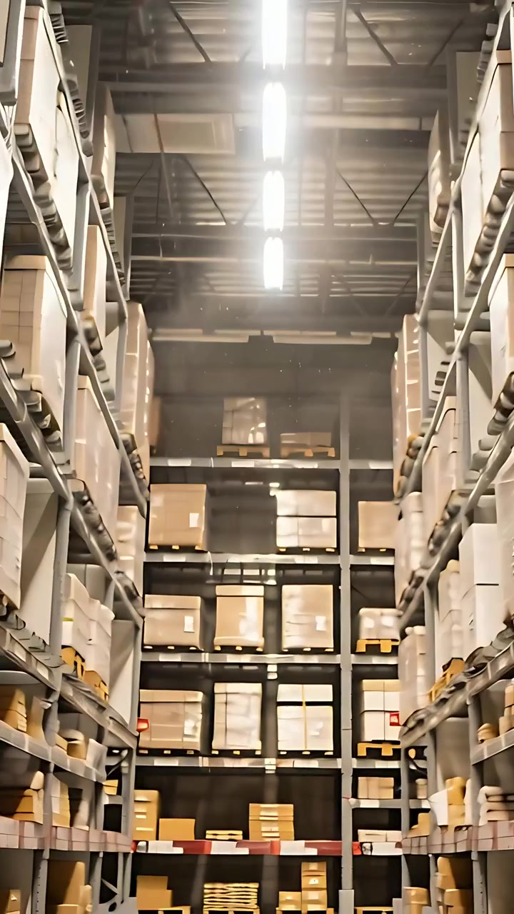 Video verticale: Telecamera che si inclina rivelando alte scaffalature portapallet in un magazzino, mentre si ispeziona l'inventario.