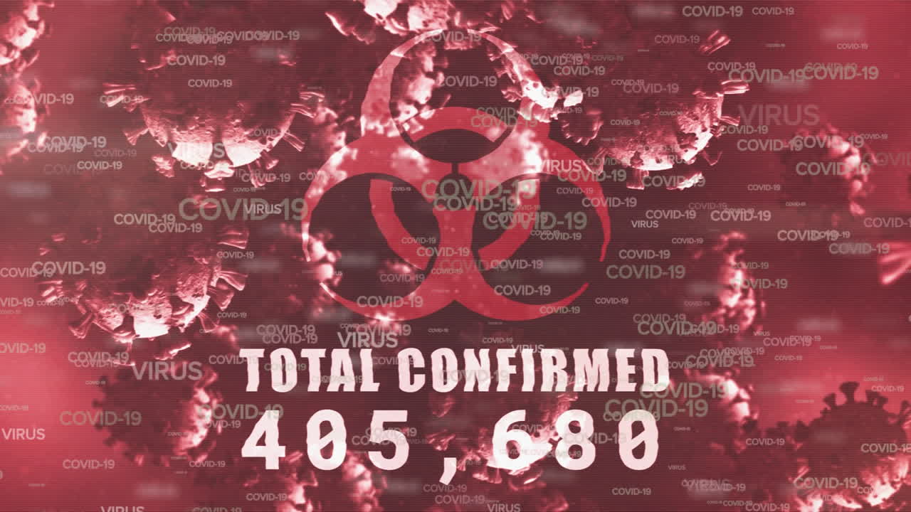 animación del signo de peligro rojo con el número total confirmado aumentando sobre las células macro cvoid-19 flotantes