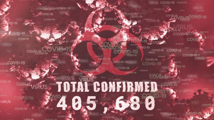 Animation of red hazard sign with Total Confirmed number rising over macro Cvoid-19 cells floating