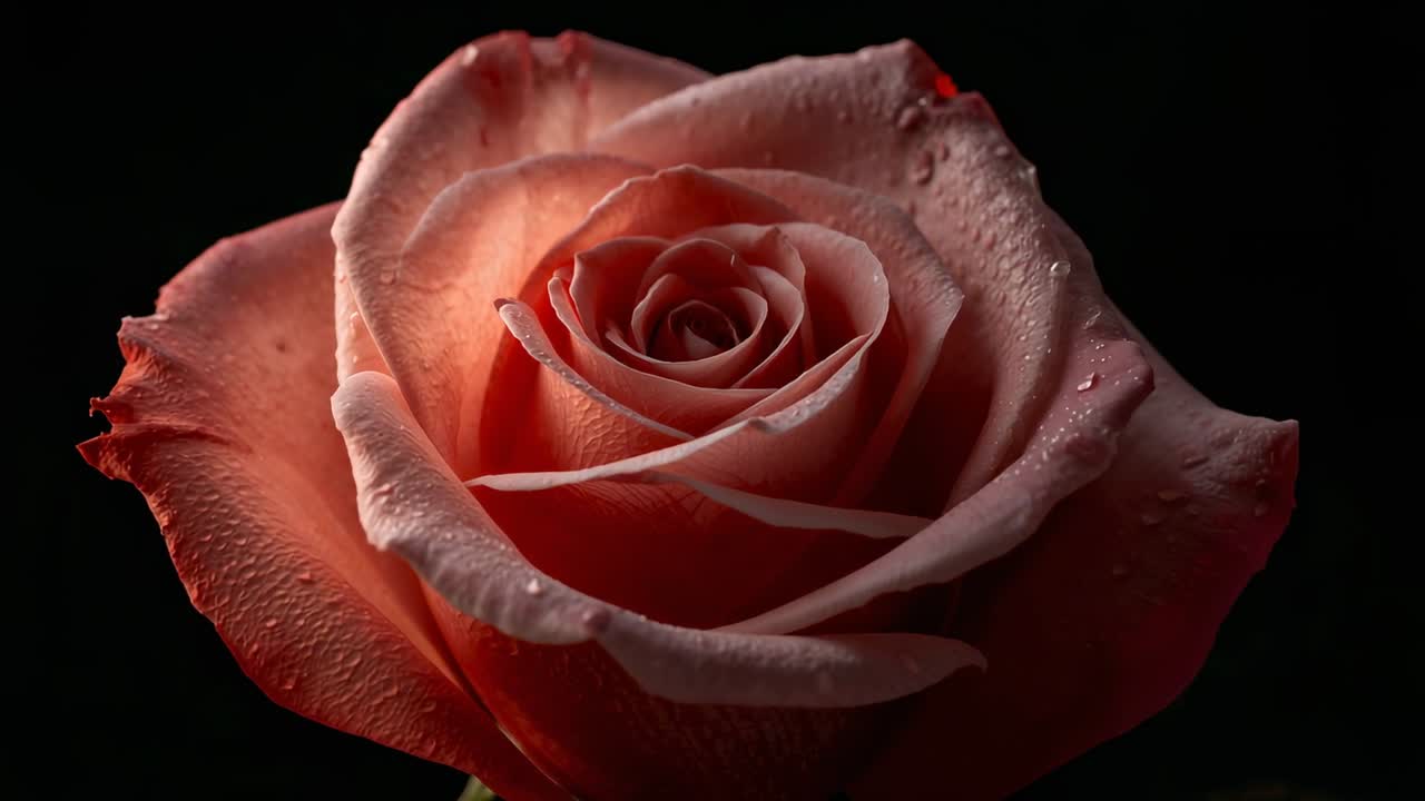 Muovi la fotocamera e sposta la luce rivelando la rosa rosa al centro, in studio, mostrando le goccioline