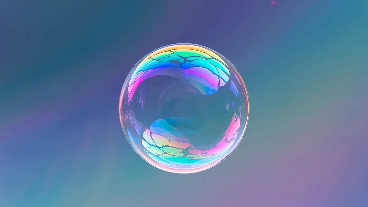 Floating iridescent soap bubble showing rainbow reflections against pastel gradient backdrop