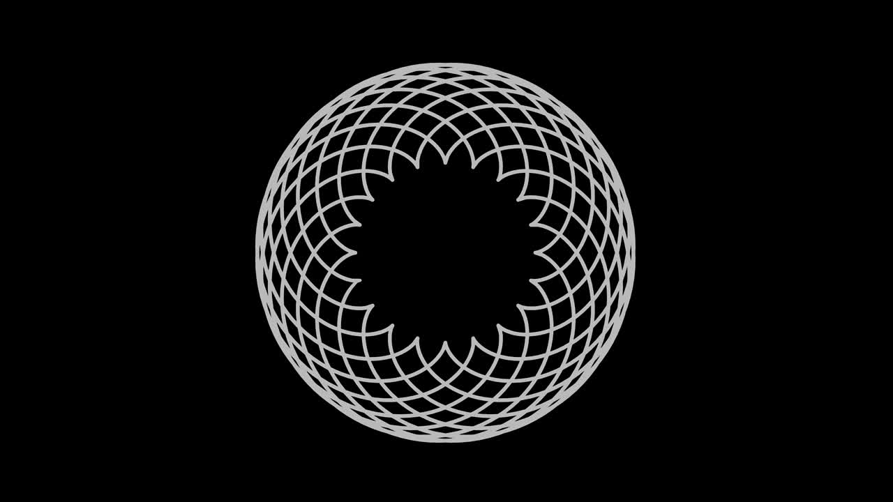 objeto gráfico en blanco y negro con efecto estroboscópico e hipnótico, que gira en el sentido de las agujas del reloj disminuyendo el tamaño de pantalla completa a desaparecer en el centro, en formato de video 16: 9