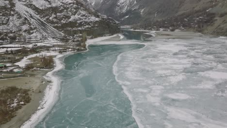 aerial view of frozen turquoise gilgit river