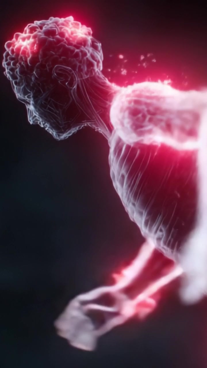 Un'evoluzione dinamica di una figura umana luminosa, che irradia energia e movimento, a simboleggiare la connessione tra corpo e mente in un'illustrazione artistica di vitalità