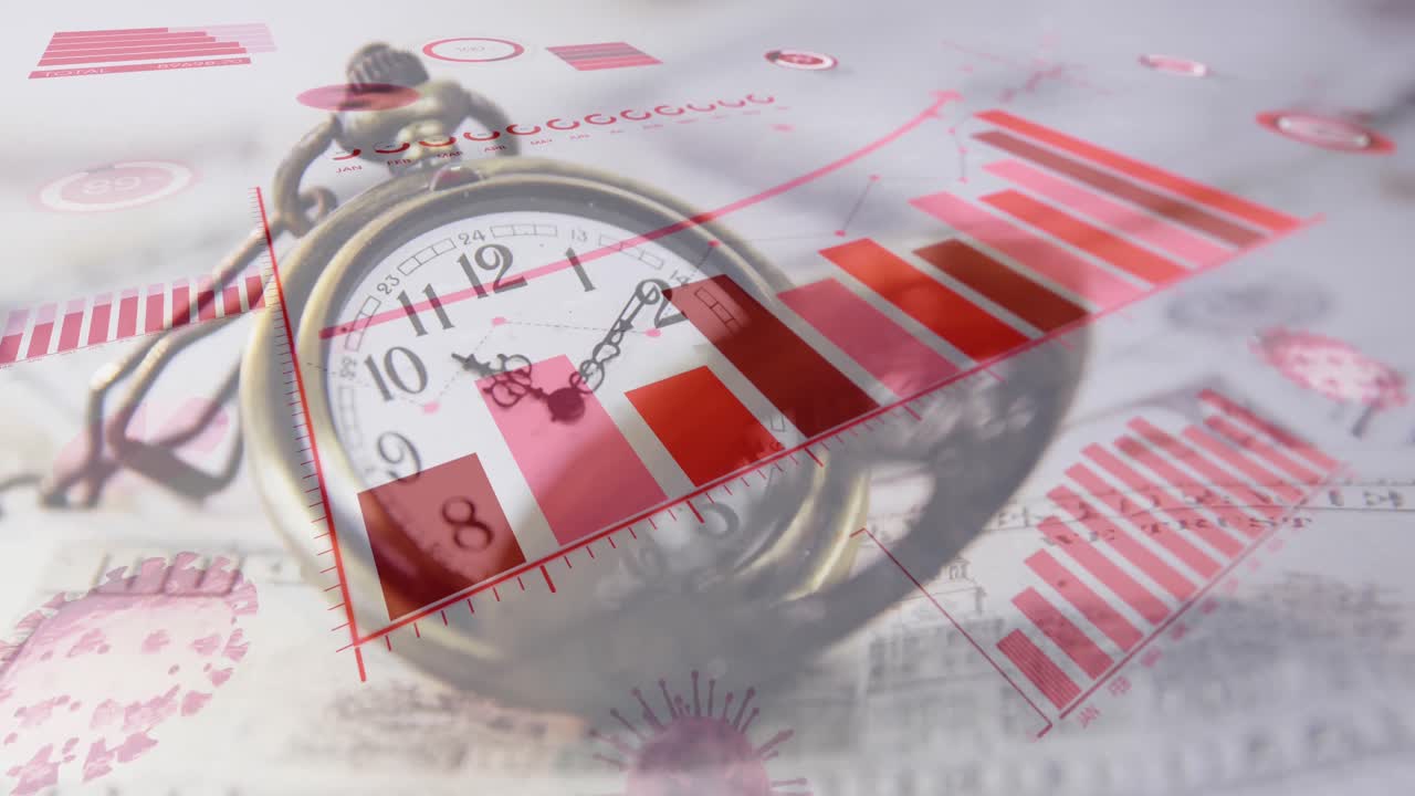 gráfico y bacterias de coronavirus volando sobre el viejo reloj.